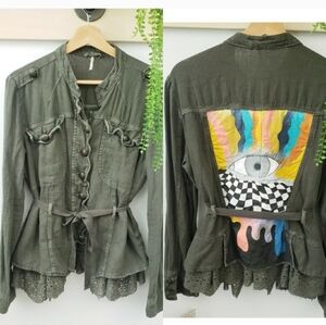 Free People Green Jacket with Evil Eye Graphic and Lace Hem